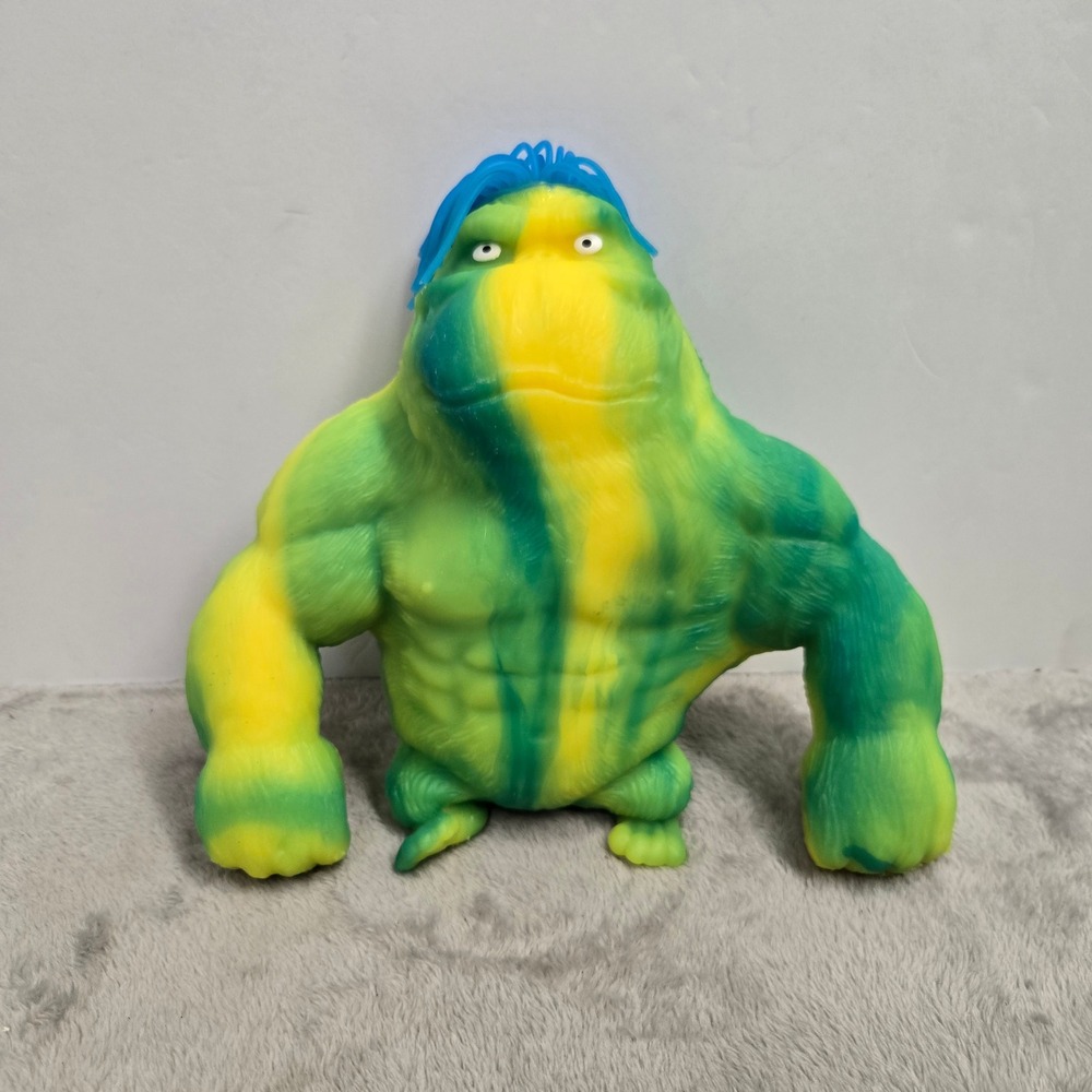 Green Yellow Marbled Squishy Gorilla Action Figure Blue Hair Stretchy Toy 8"
